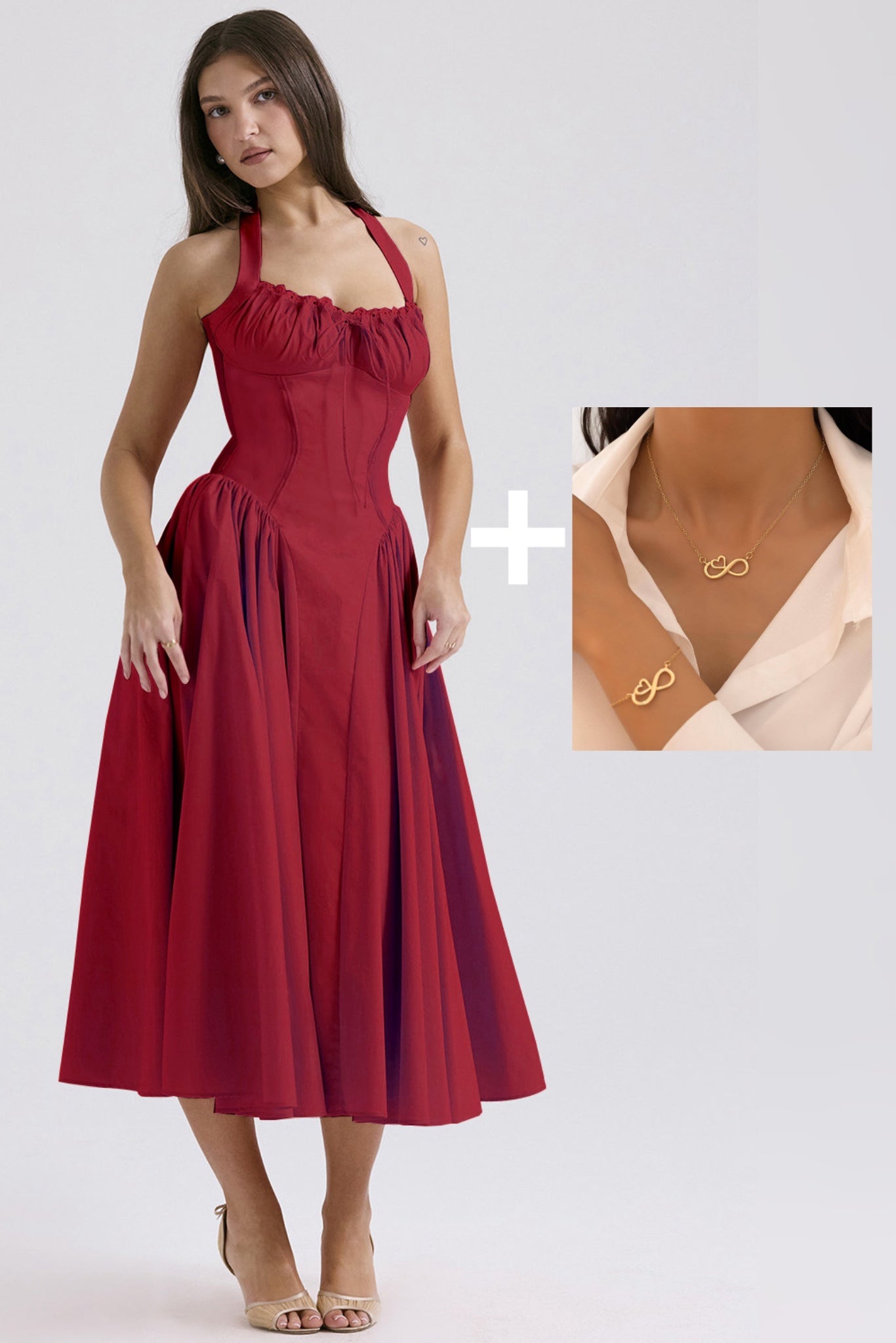 Women's Solid Color Dress, Casual Fashion A Line Dress with Forever Necklace set