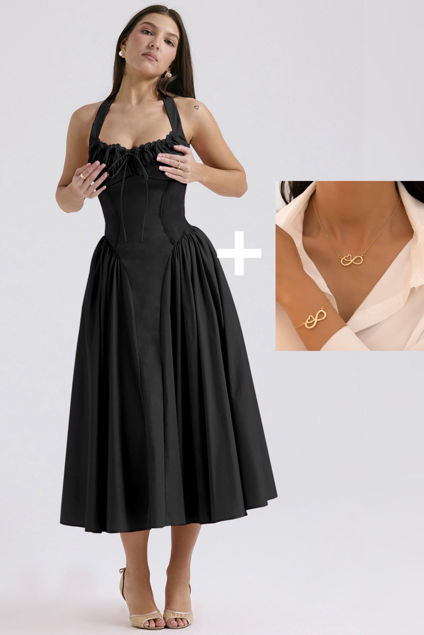 Women's Solid Color Dress, Casual Fashion A Line Dress with Forever Necklace set
