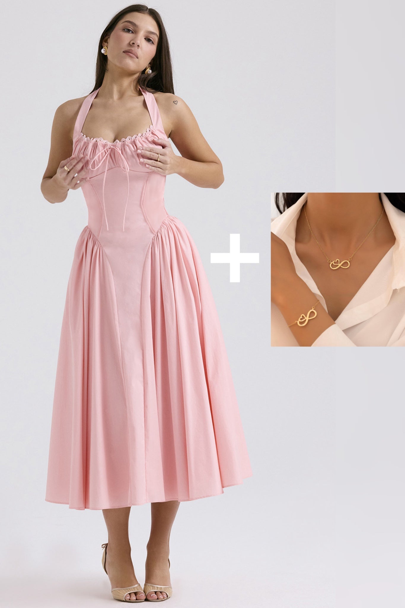Women's Solid Color Dress, Casual Fashion A Line Dress with Forever Necklace set