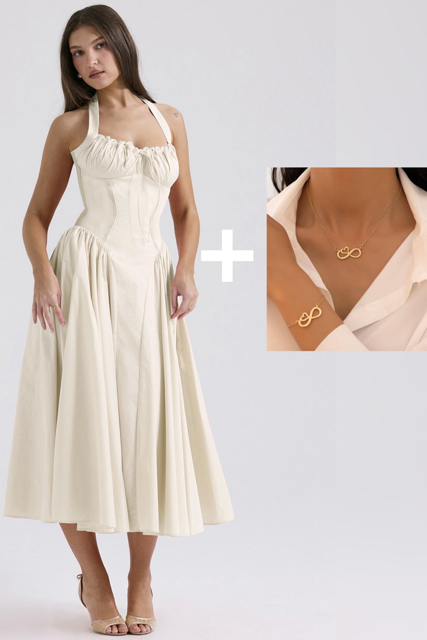 Women's Solid Color Dress, Casual Fashion A Line Dress with Forever Necklace set