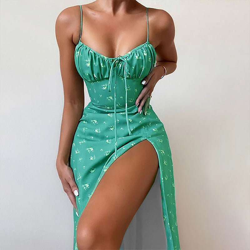 Women's Floral Print Lace Up Bodycon Cami Long Dress