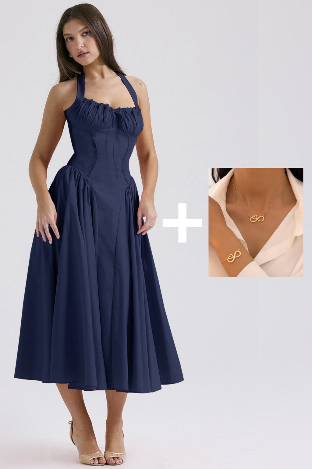 Women's Solid Color Dress, Casual Fashion A Line Dress with Forever Necklace set
