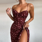 Women's Floral Print Lace Up Bodycon Cami Long Dress