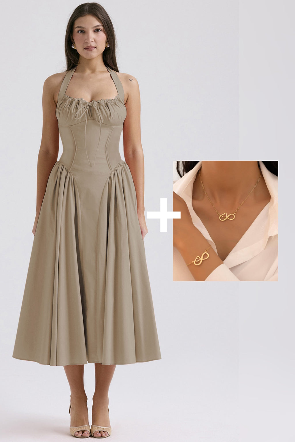 Women's Solid Color Dress, Casual Fashion A Line Dress with Forever Necklace set