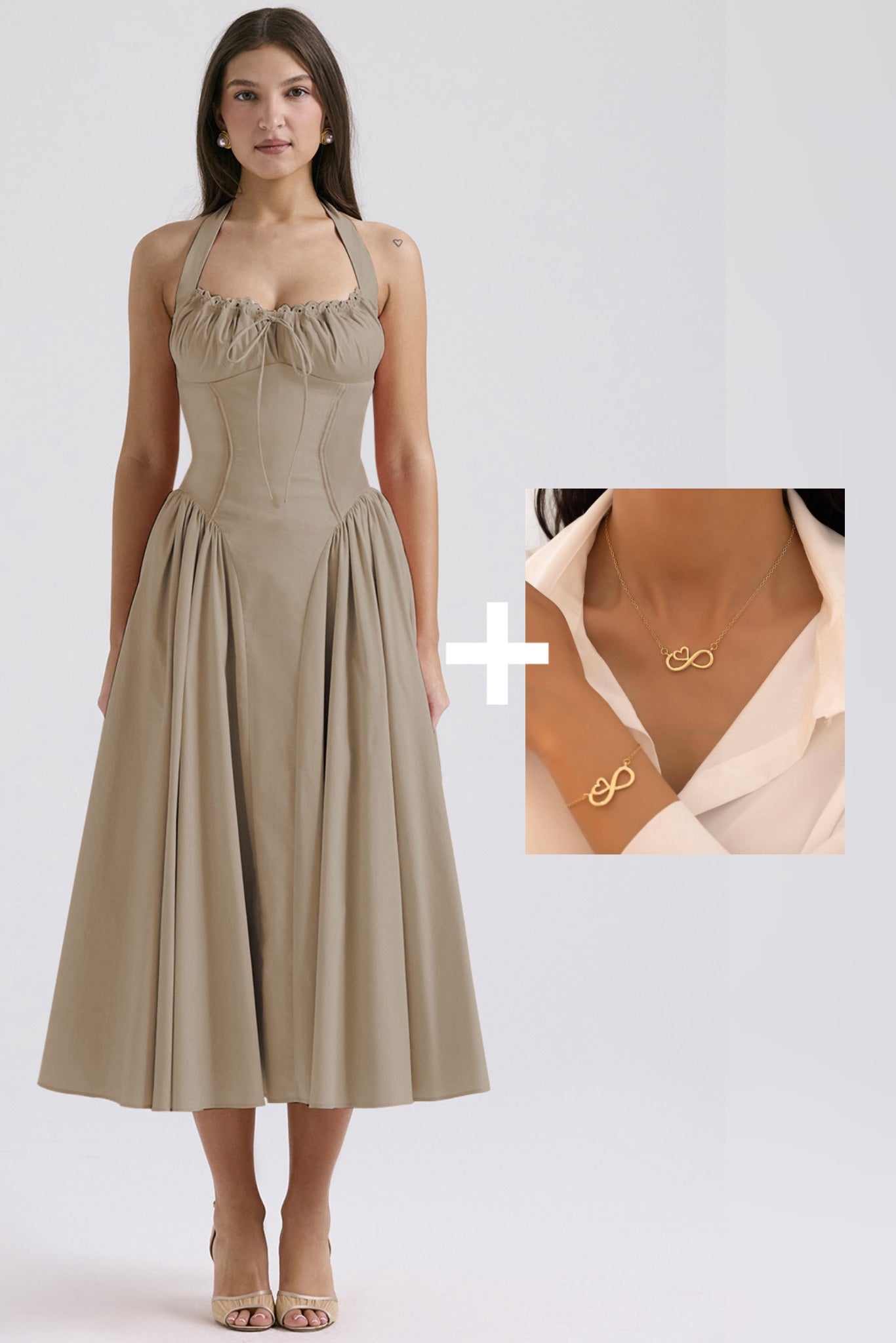 Women's Solid Color Dress, Casual Fashion A Line Dress with Forever Necklace set
